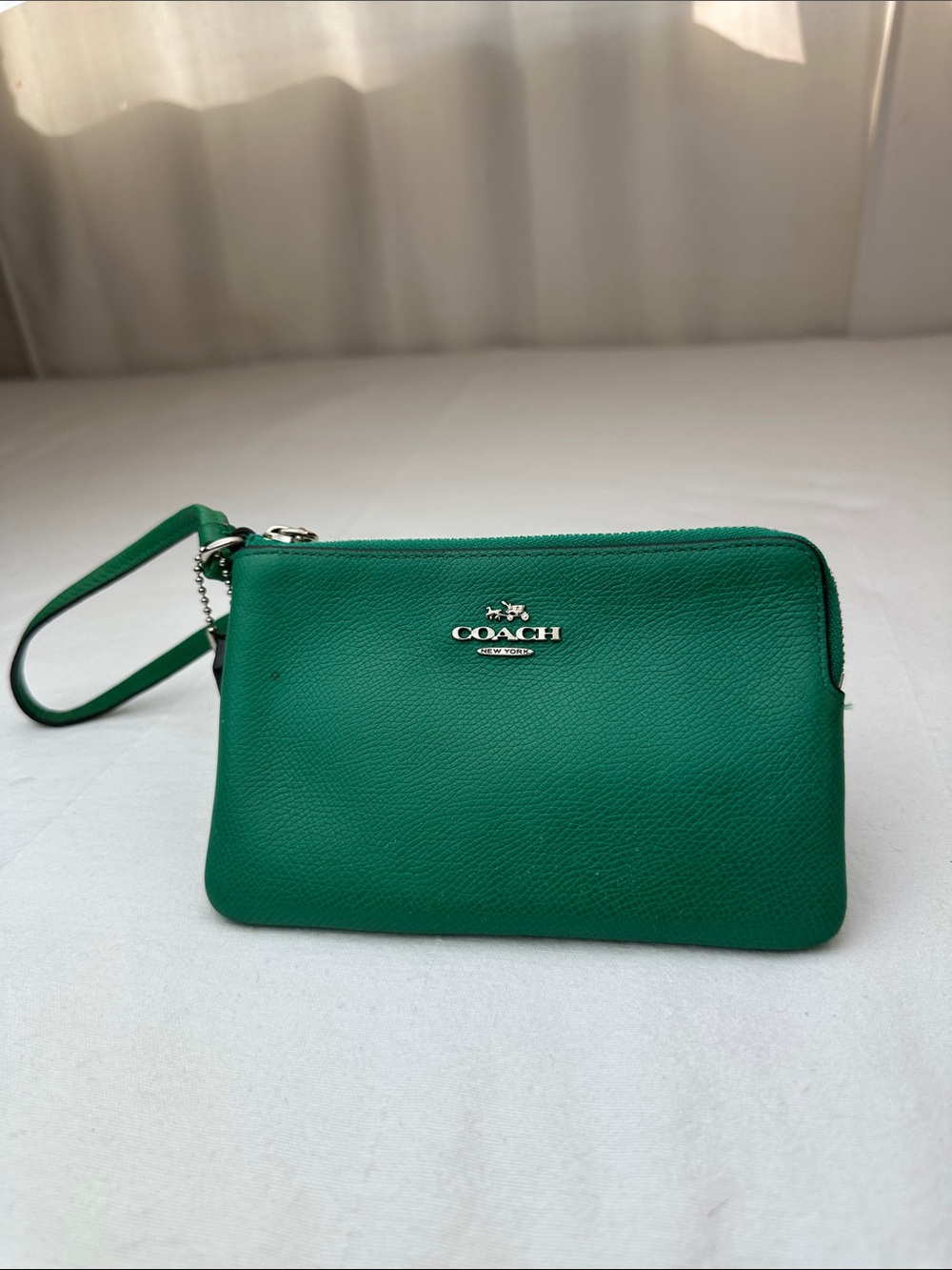 Coach Green Pebbled Leather Wristlet with Silver Logo